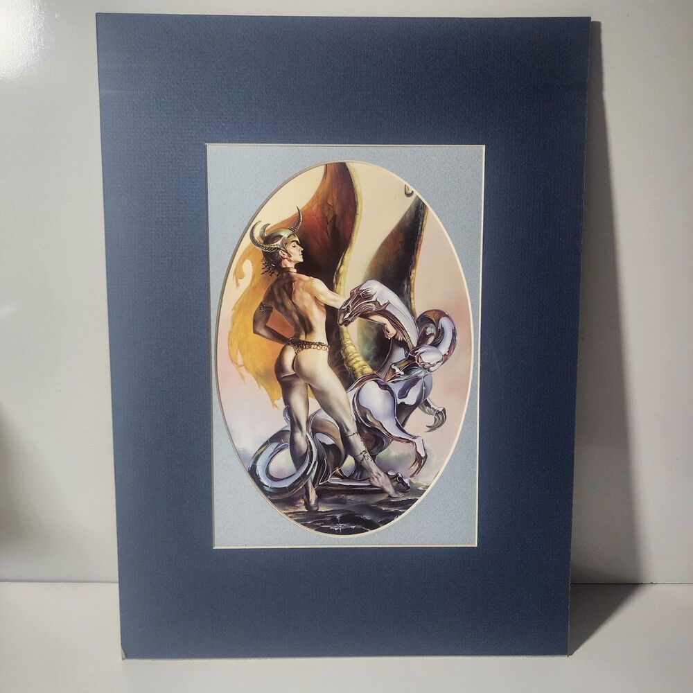 Vintage Julie Bell Fantasy Art Print Matted Woman Dragon Mythical Creature